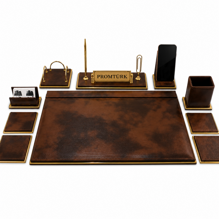 Bulut Kahve Deri Gold Çerçeveli Telefon Standlı Kişiye Özel İsimlikli Lüks Sümen ve Makam Takımı